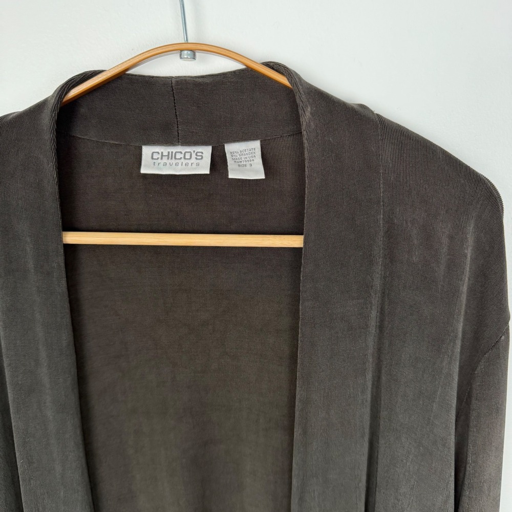 Chico's Travelers Brown Ribbed Open Front Cardigan Peplum Ruffle Hem Size 3 XL